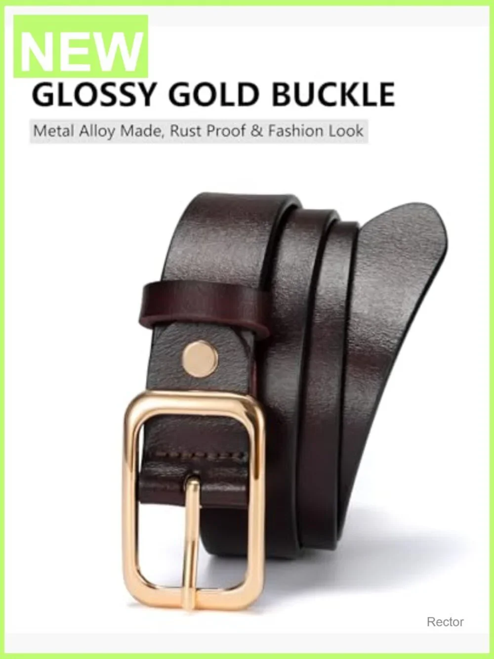 Genuine Leather Belt with Gold Square Buckle, 1.1 inch Wide, Fashion Waist Belt